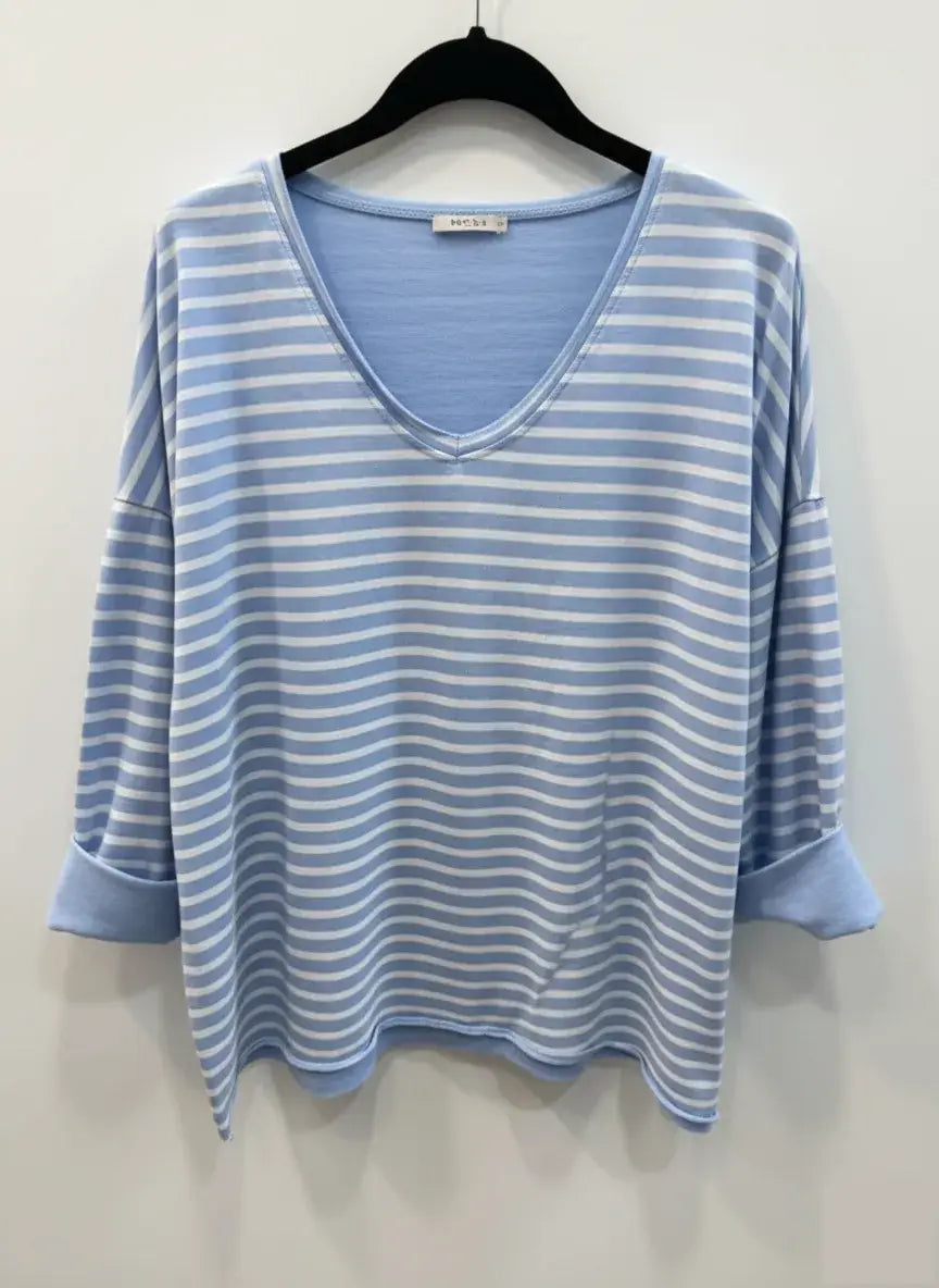 Striped V-Neck T-Shirt @9231_HVRayure: White