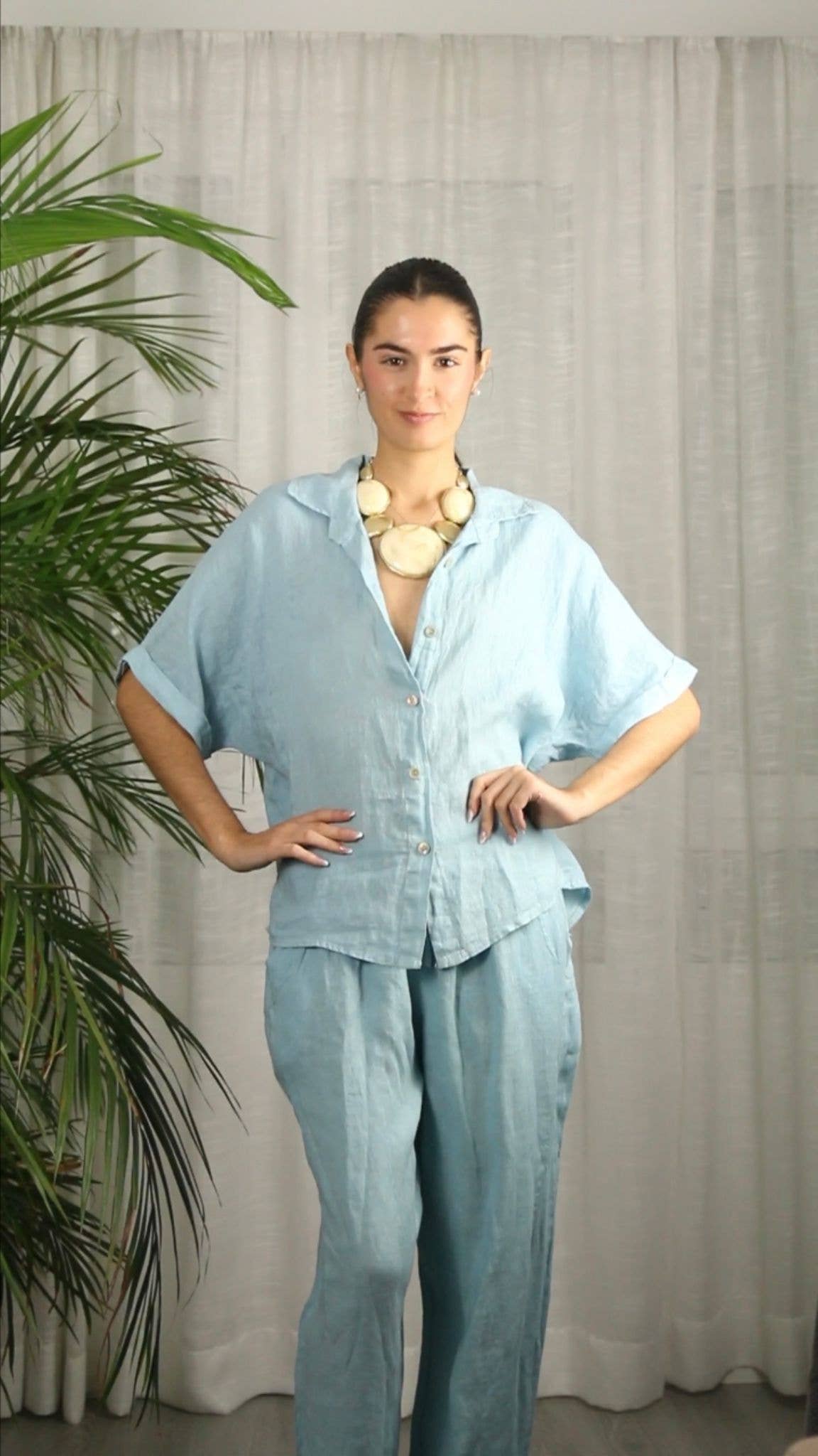 Ref-83531 100% LINEN SHORT-SLEEVE SHIRT: CAMEL