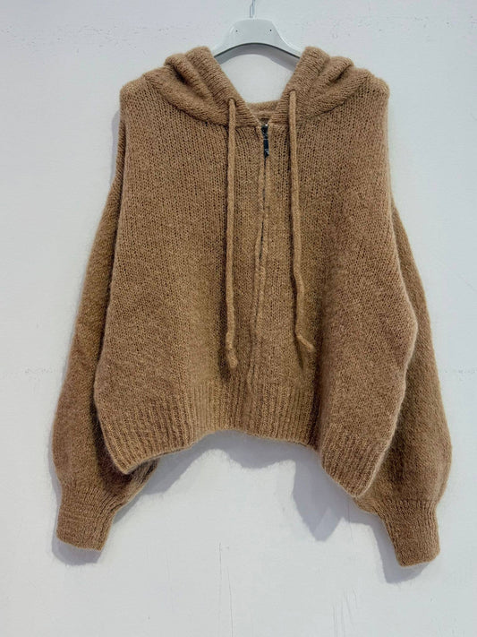 Kid mohair hooded cardigan 7631: Camel