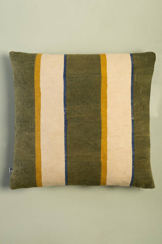 Hunter Green Stripe Block Print Cushion Cover: Feather Inner