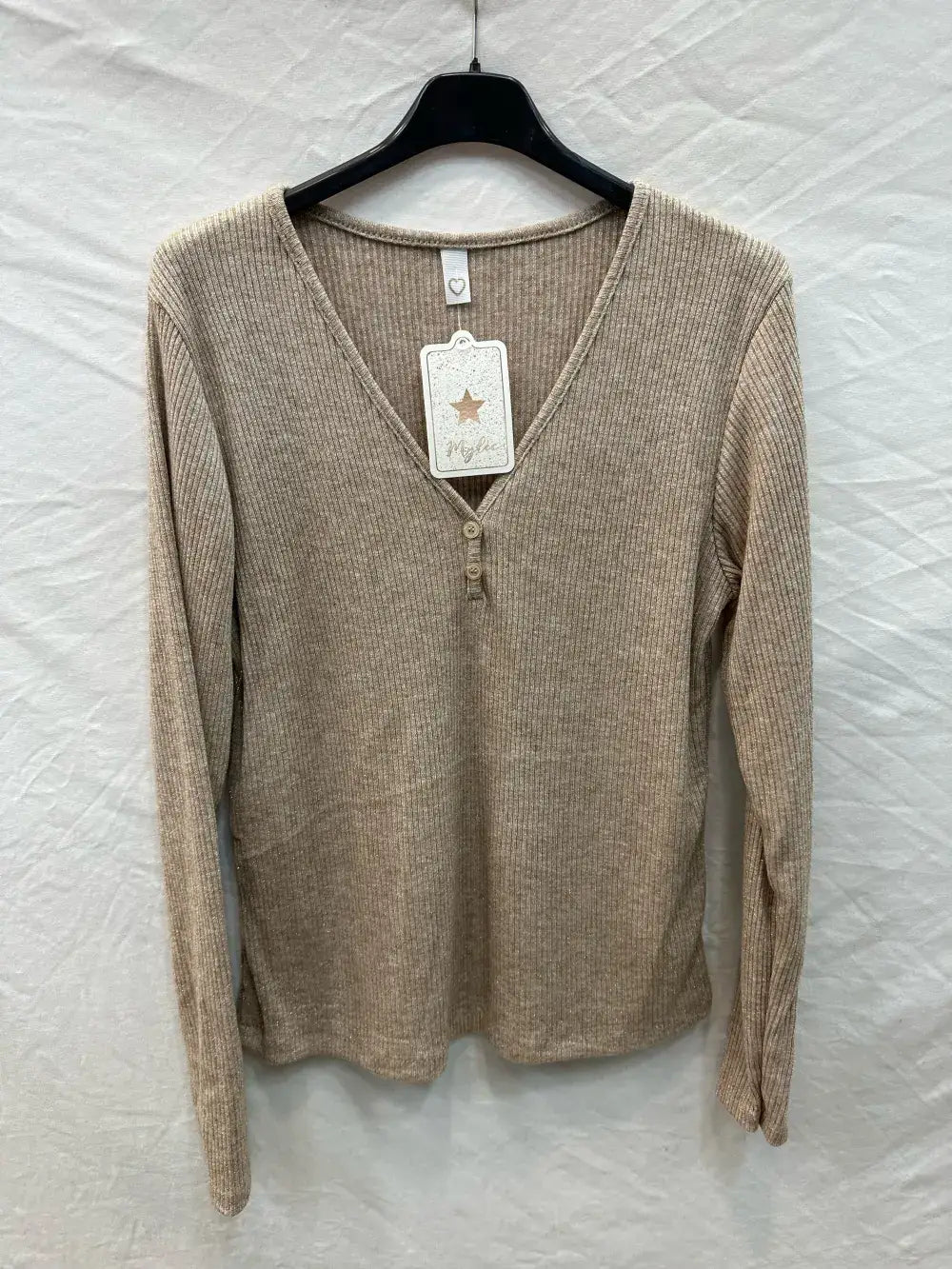Ribbed lurex top with buttons @59910_HBoutLux: Beige