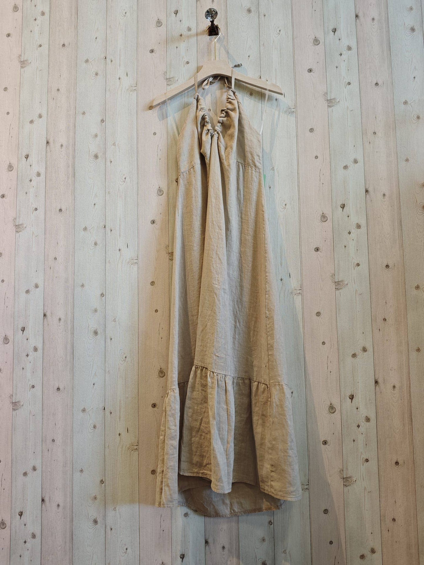 Ref-14491 100% LINEN STRAP DRESS: BEIGE