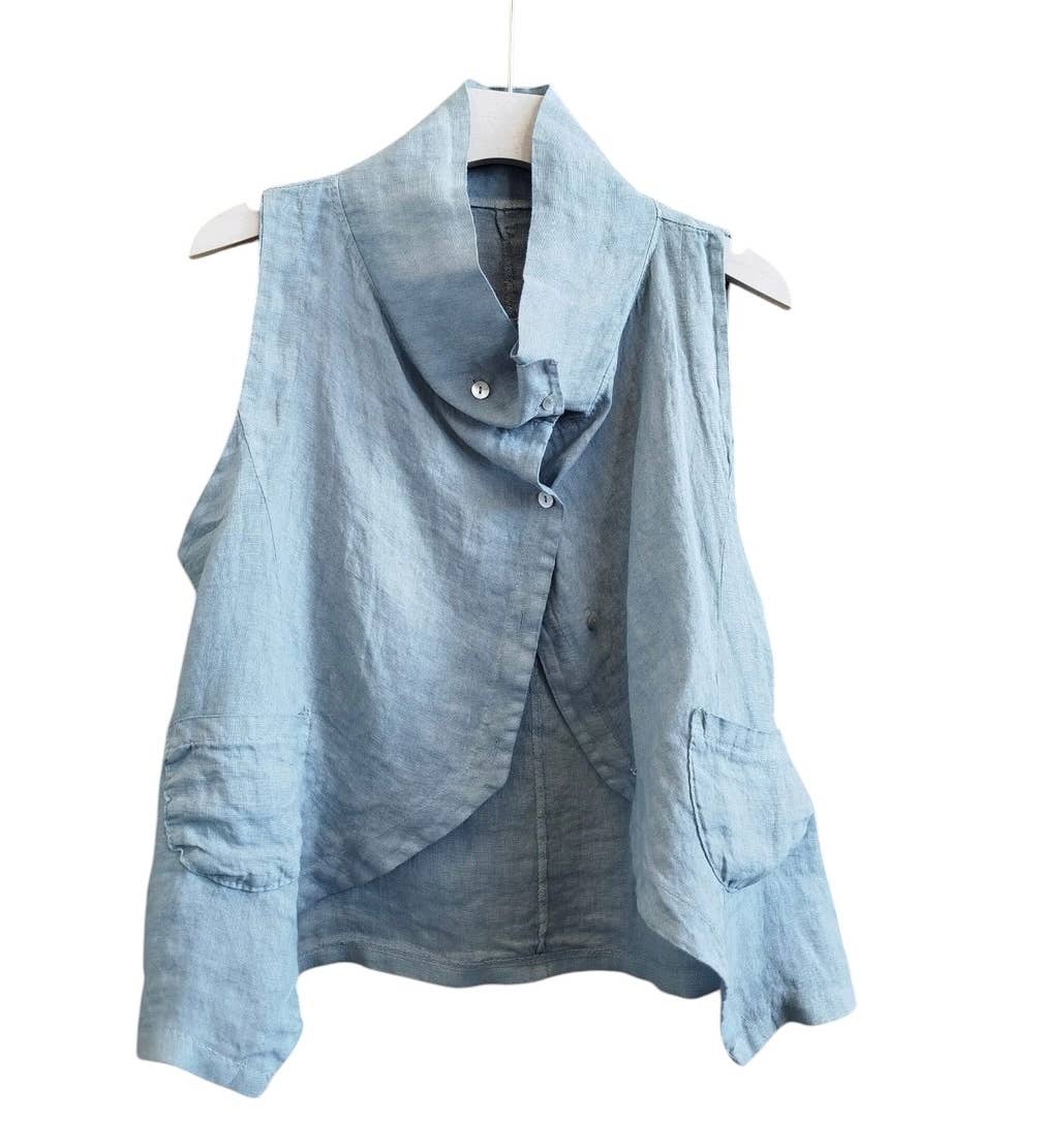 8718 Asymmetrical buttoned linen vest with pockets and collar: BROWN