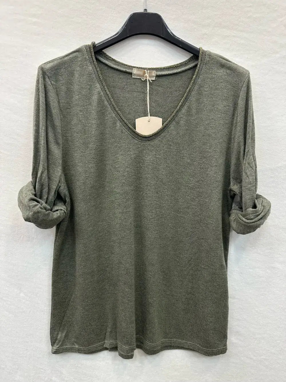 Fine Knit Top With Lurex Collar @5611_HColLux: Light beige