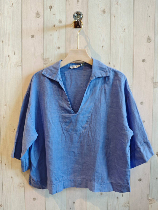 REF 12104 BLOUSE SHIRT COLLAR 100% LINEN: Blue