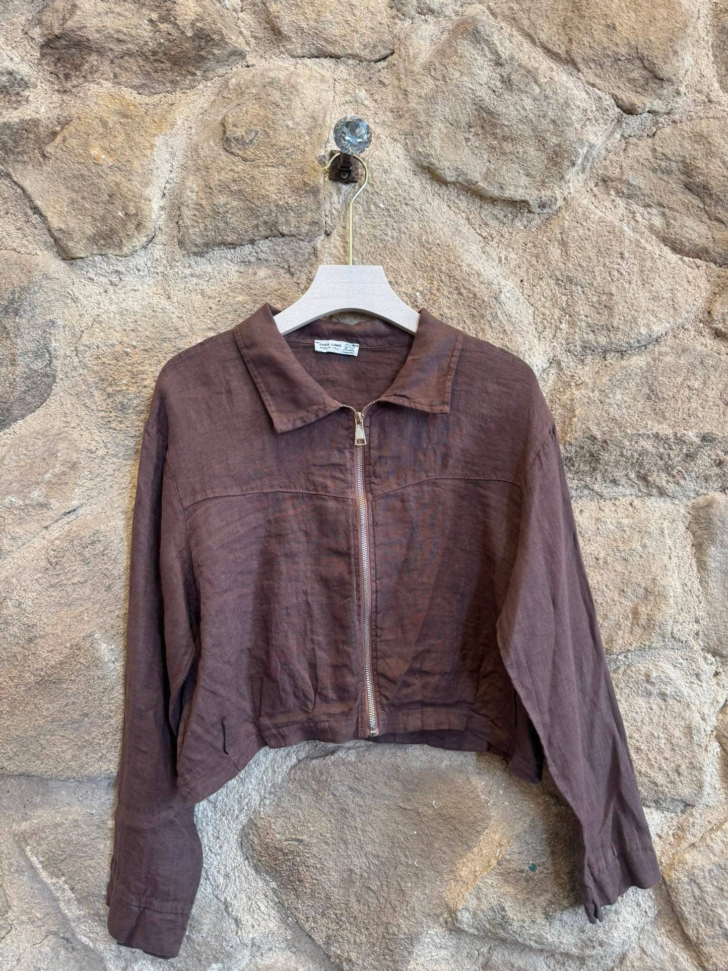 Ref-8369 ZIPPER BLOUSE 100% LINEN: Camel