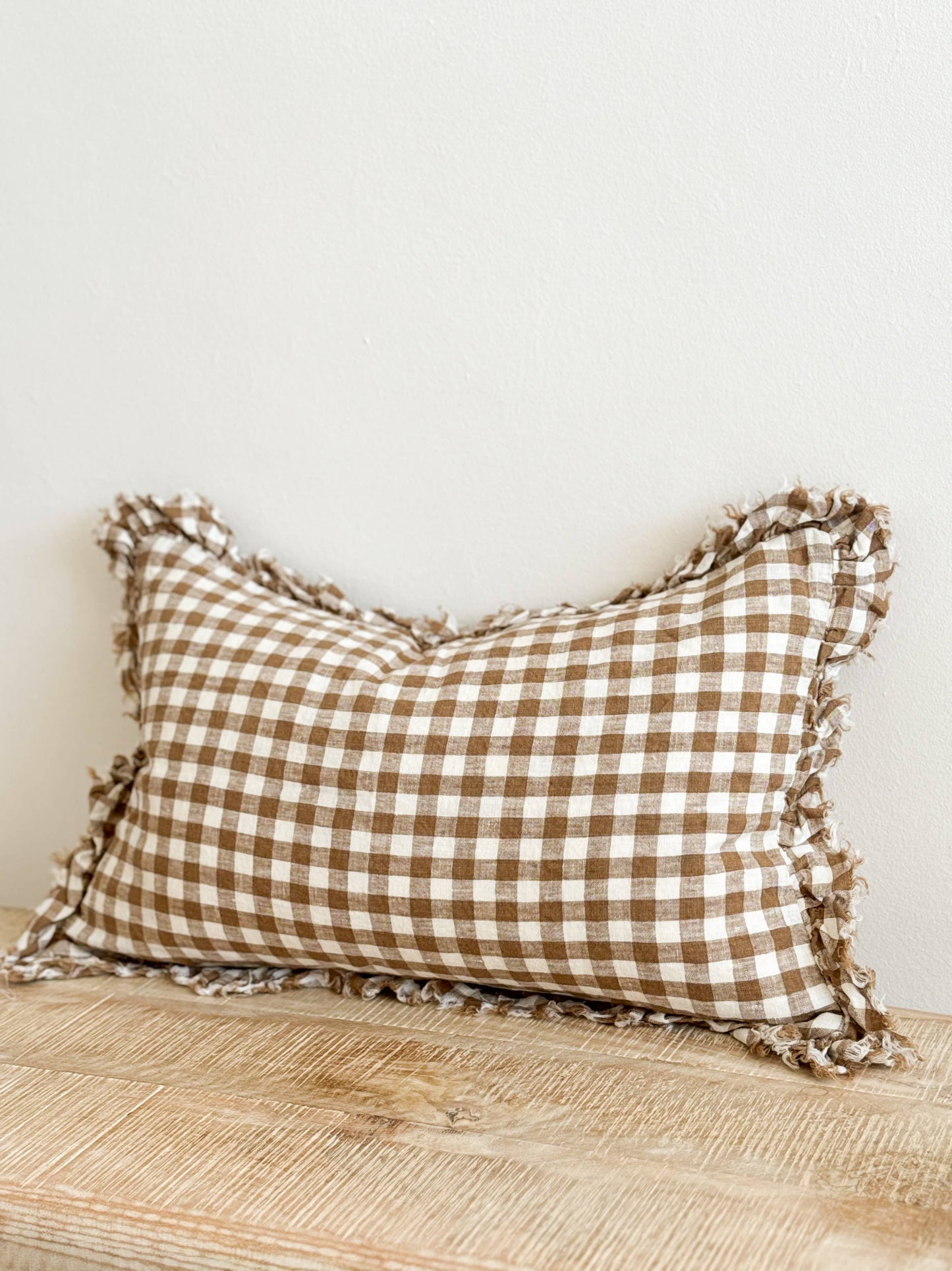 Hallie Ruffled Linen Cushion Cover 50x30 – Brown Gingham