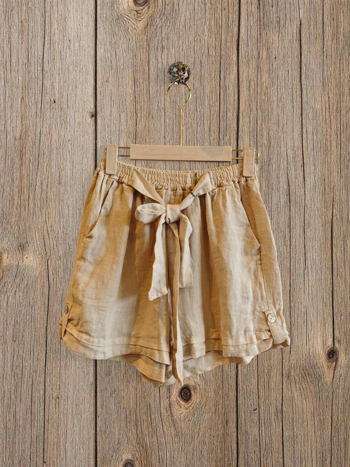 Ref-6385 SHORTS WITH BOW 100% LINEN: Pistachio