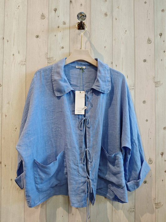 REF 17740 BABY COLLAR BLOUSE, OPEN 100% LINEN: Blue