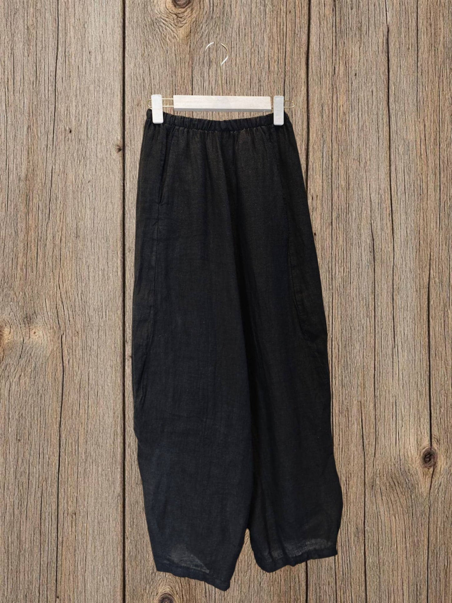 Ref-41482 BALLOON-STYLE PANTS 100% LINEN: Black