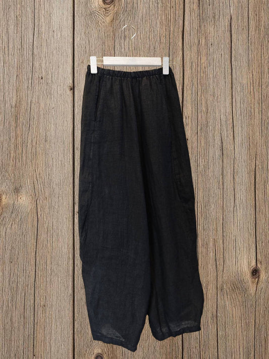 Ref-41482 BALLOON-STYLE PANTS 100% LINEN: Black
