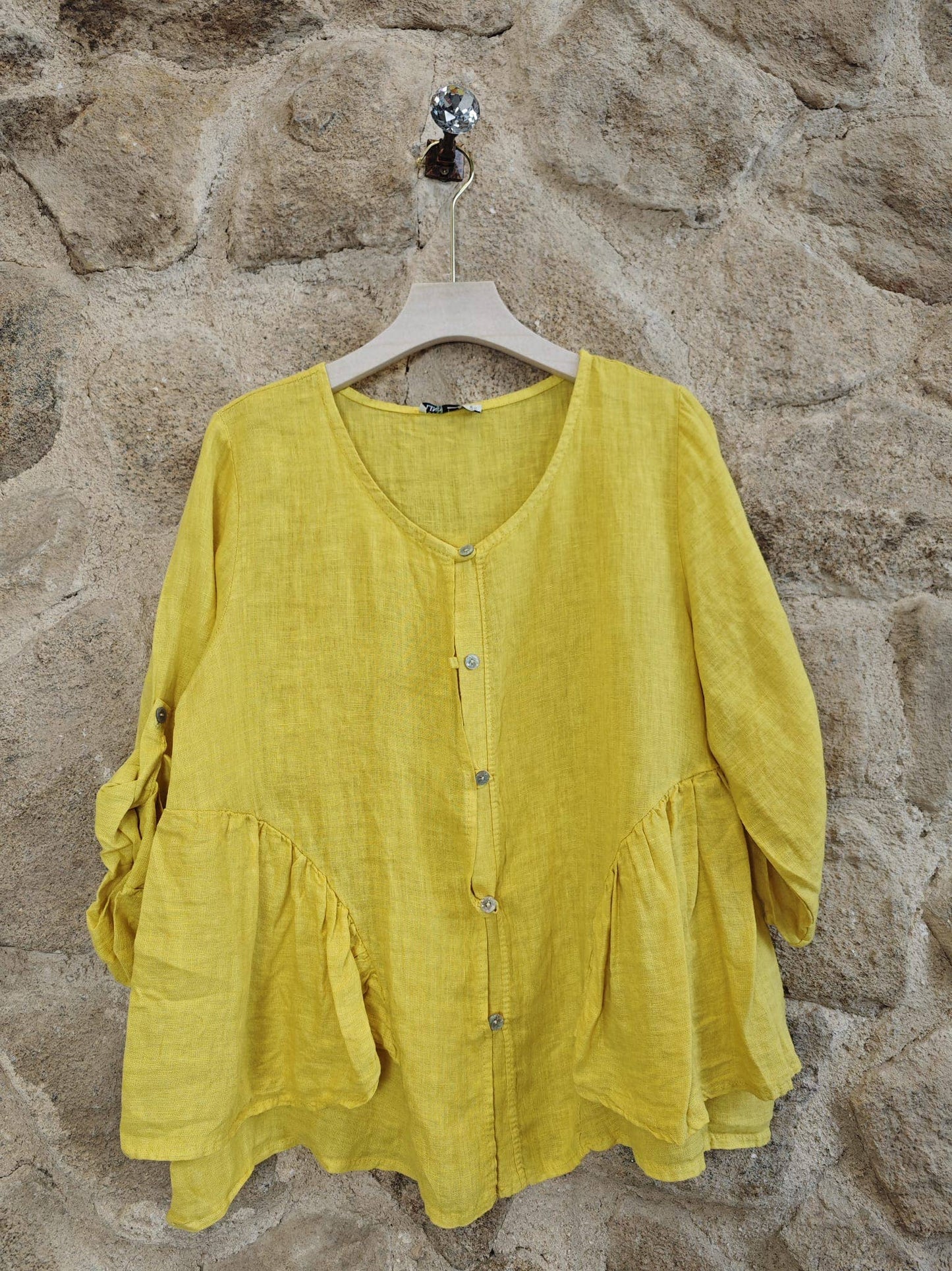 Ref-12232 RUFFLED BLOUSE 100% LINEN: KHAKI