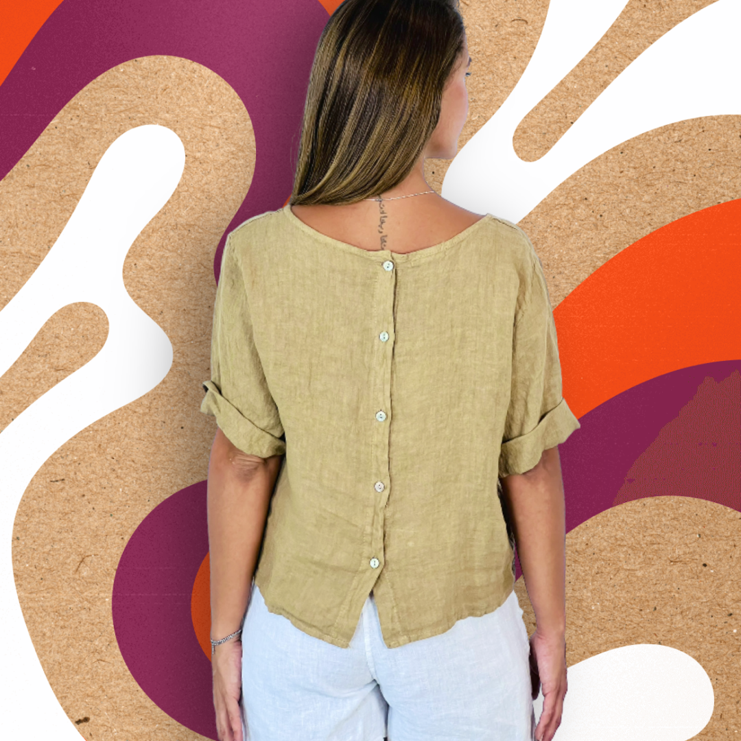 Ref-59076 BASIC CROP BLOUSE 100% LINEN: KHAKI