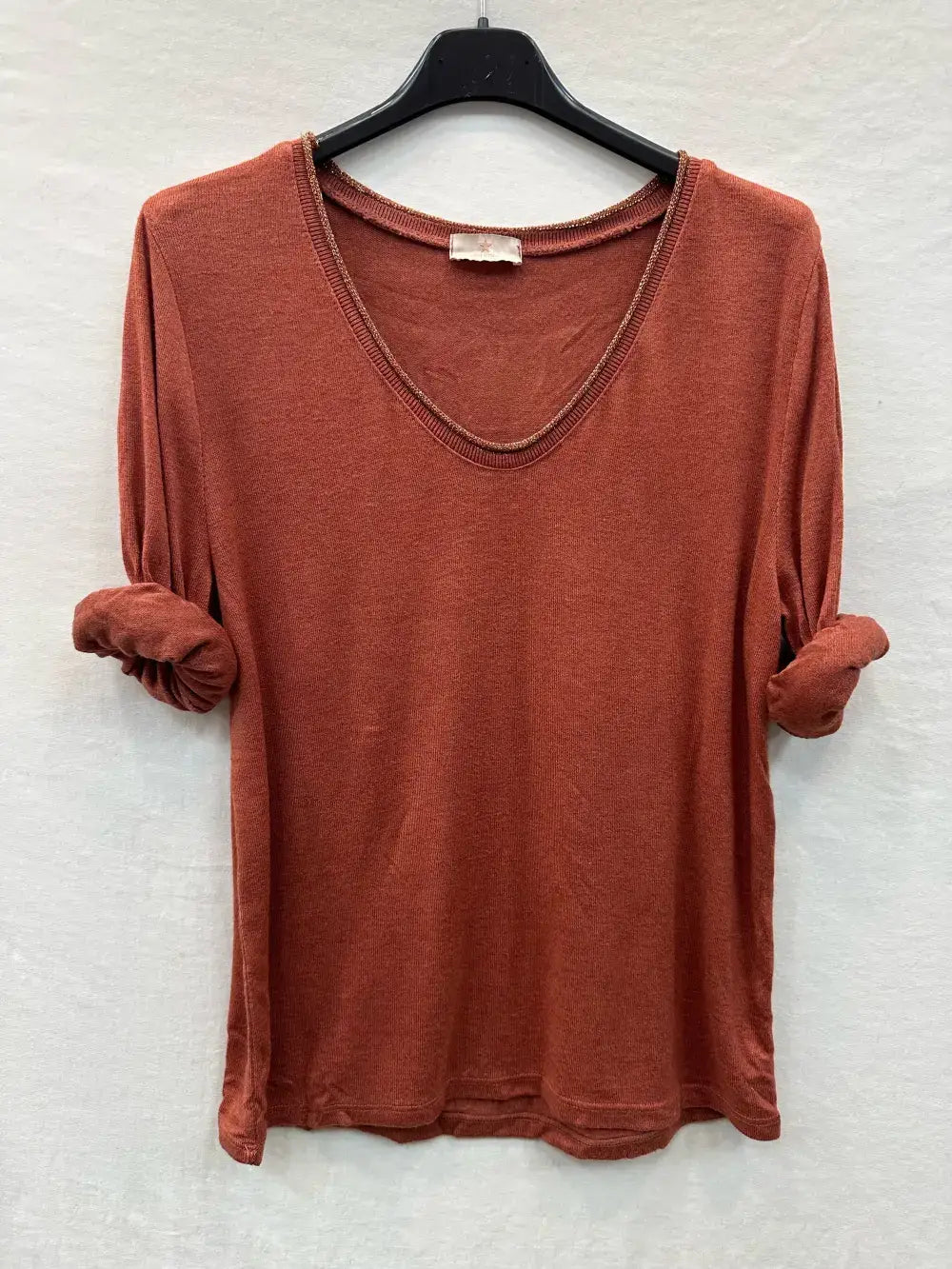 Fine Knit Top With Lurex Collar @5611_HColLux: Camel