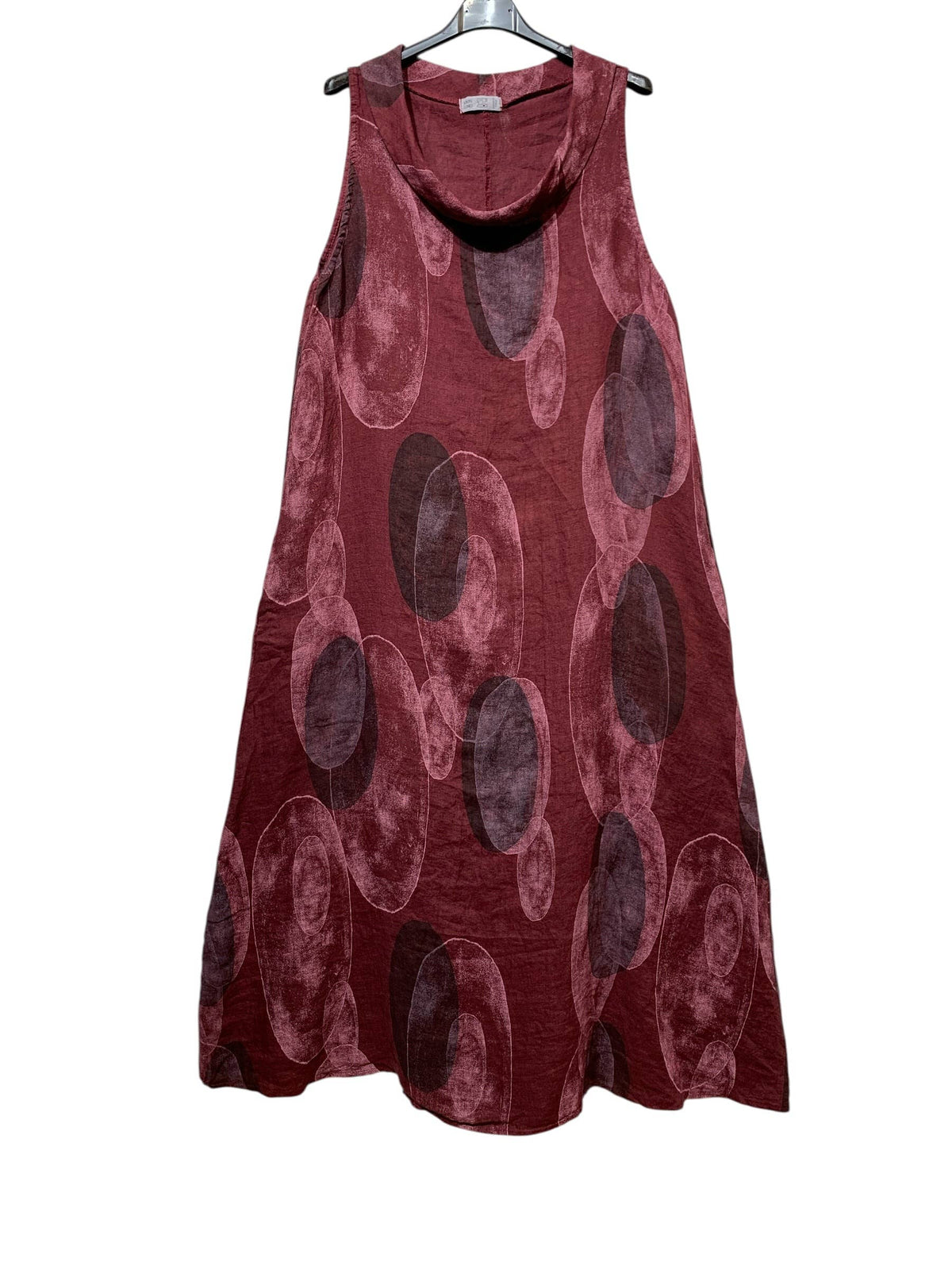69352A Long linen dress with oval motifs and draped neckline: Blanc