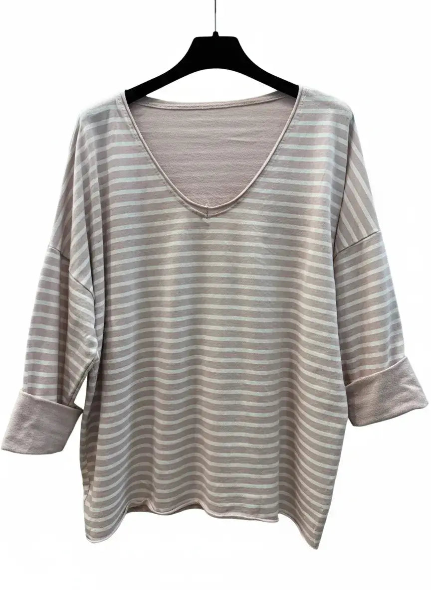 Striped V-Neck T-Shirt @9231_HVRayure: White