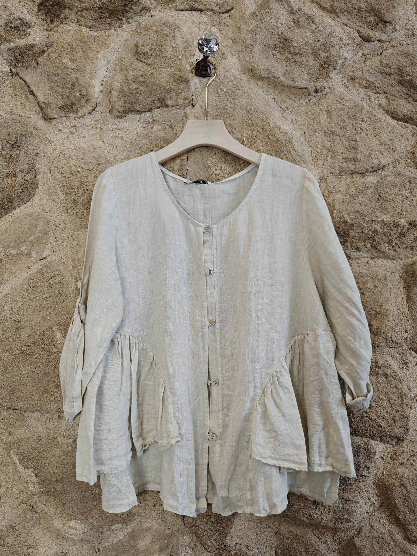 Ref-12232 RUFFLED BLOUSE 100% LINEN: KHAKI