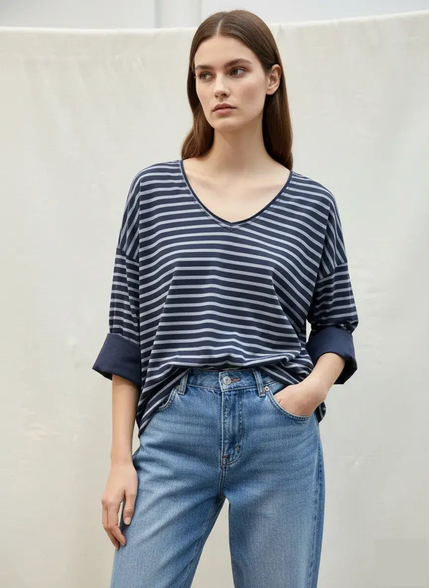 Striped V-Neck T-Shirt @9231_HVRayure: White