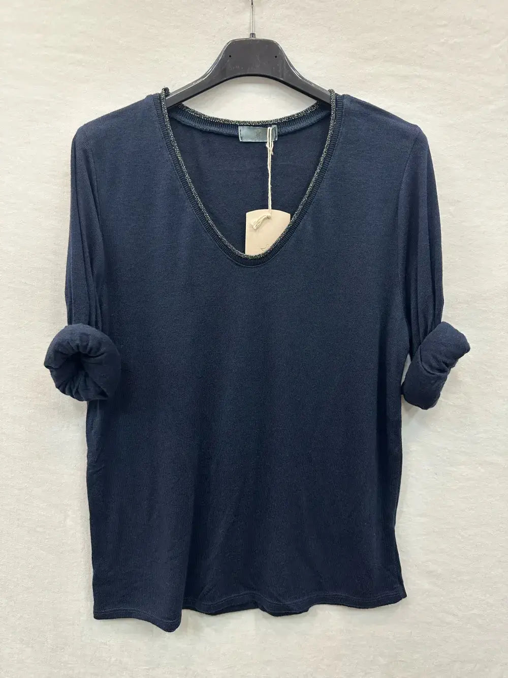 Fine Knit Top With Lurex Collar @5611_HColLux: Camel