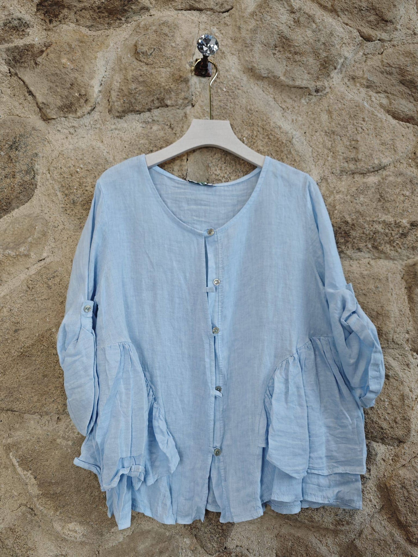 Ref-12232 RUFFLED BLOUSE 100% LINEN: KHAKI