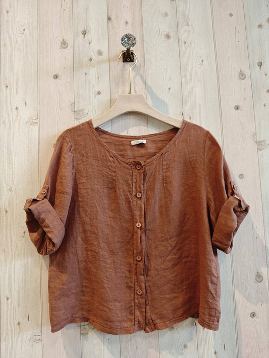 BLOUSE WITH BUTTONS 100% LINEN: BROWN