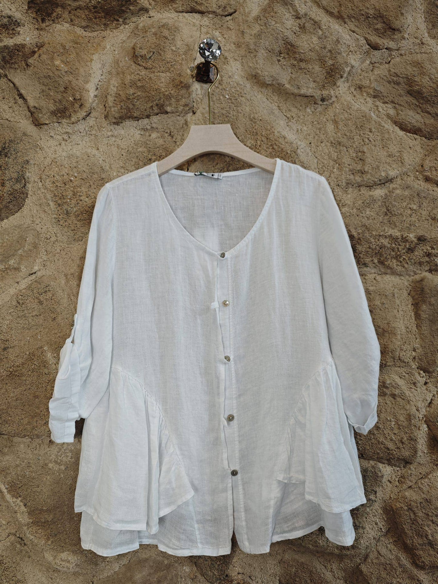 Ref-12232 RUFFLED BLOUSE 100% LINEN: KHAKI