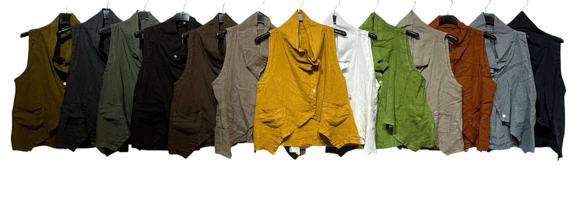 8718 Asymmetrical buttoned linen vest with pockets and collar: BROWN