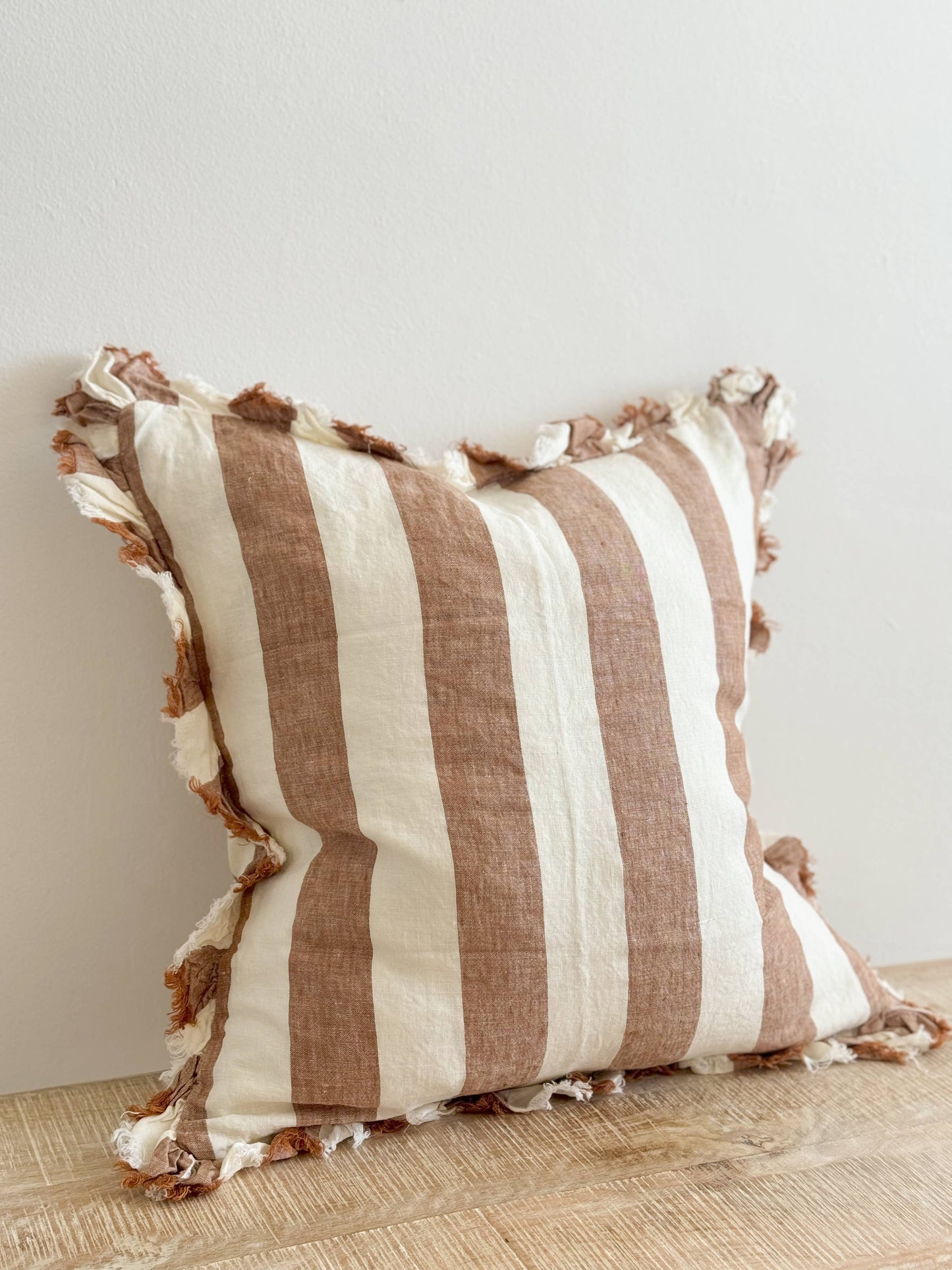 Hallie Ruffled Linen Cushion Cover 45x45 – Wide Rust Stripe