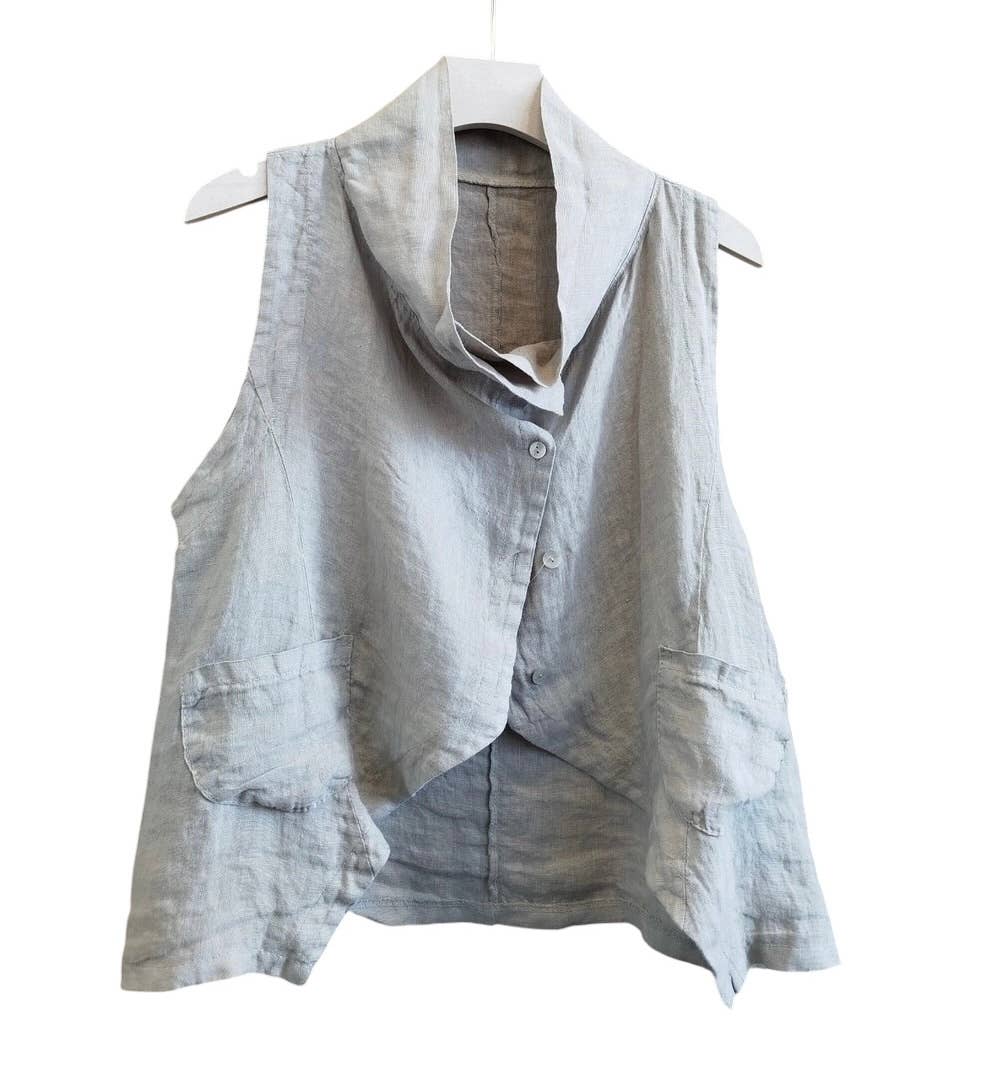 8718 Asymmetrical buttoned linen vest with pockets and collar: BROWN