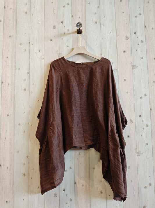 PONCHO-STYLE BLOUSE 100% LINEN: BROWN