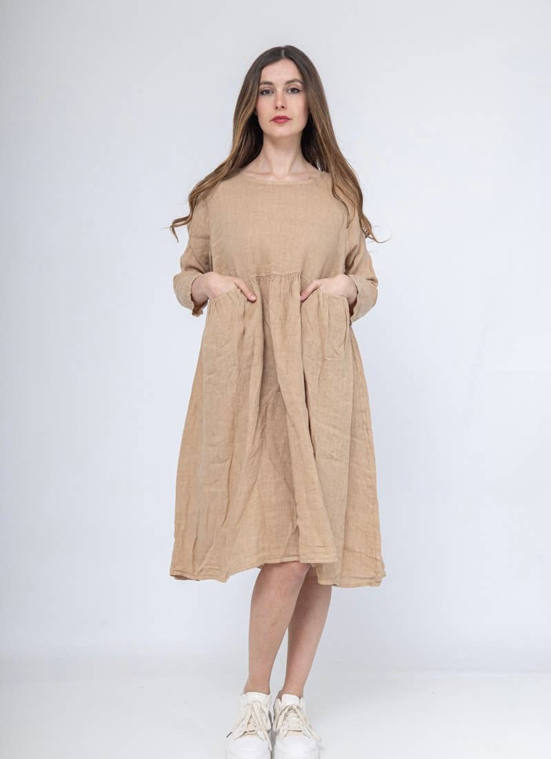 3127 LINEN DRESS SPRING SUMMER CLOTHING PLUS SIZE: CAMEL