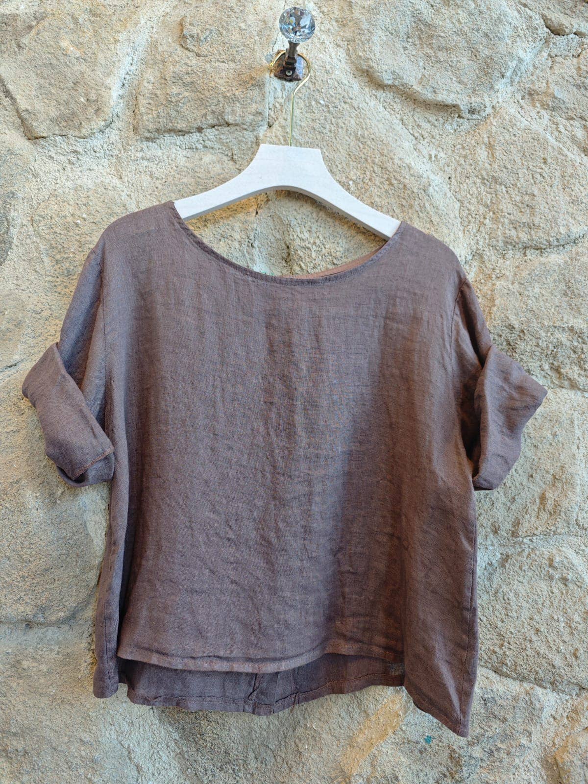Ref-59076 BASIC CROP BLOUSE 100% LINEN: CAMEL
