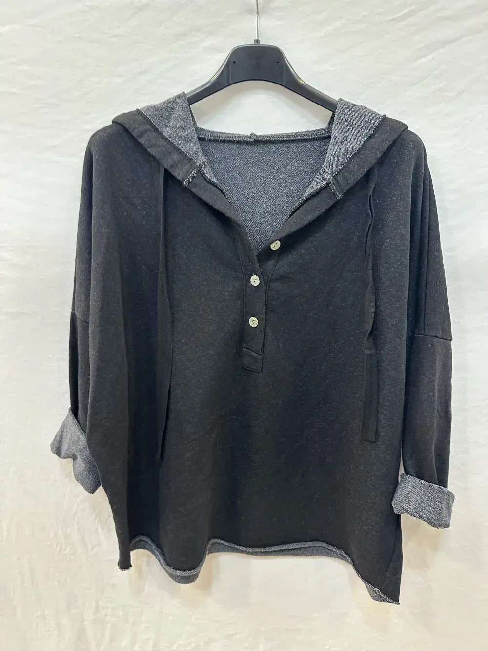 Hooded Button-Up Sweatshirt @83893_ThickSweatshirt: Black