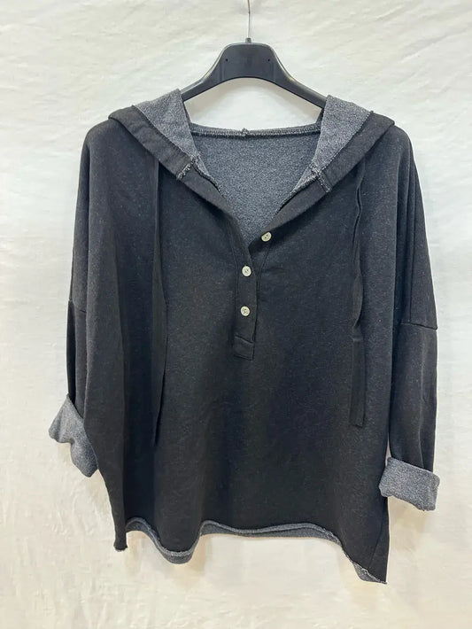 Hooded Button-Up Sweatshirt @83893_ThickSweatshirt: Black