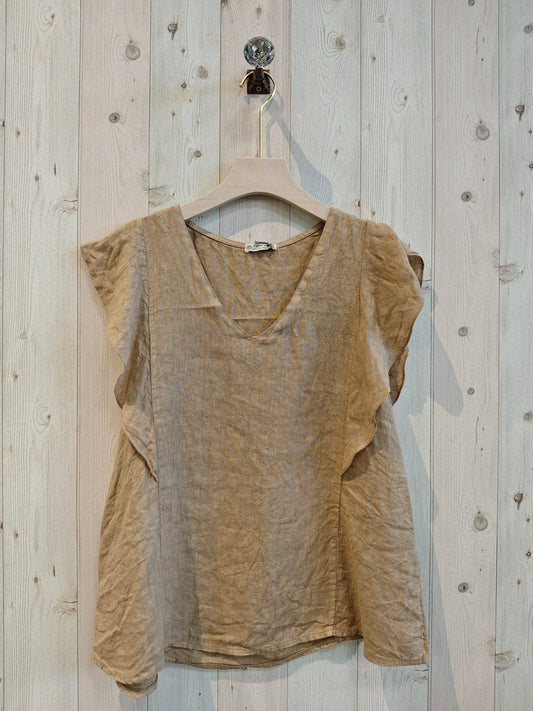 REF 17874 RUFFLE SLEEVE T-SHIRT 100% LINEN: CAMEL