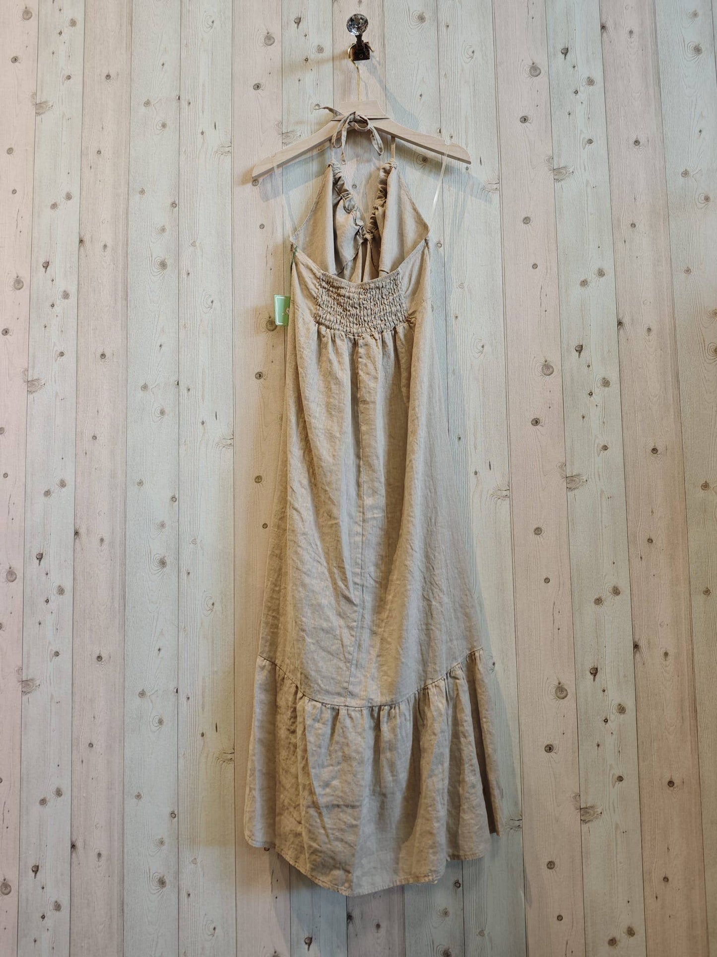 Ref-14491 100% LINEN STRAP DRESS: BEIGE