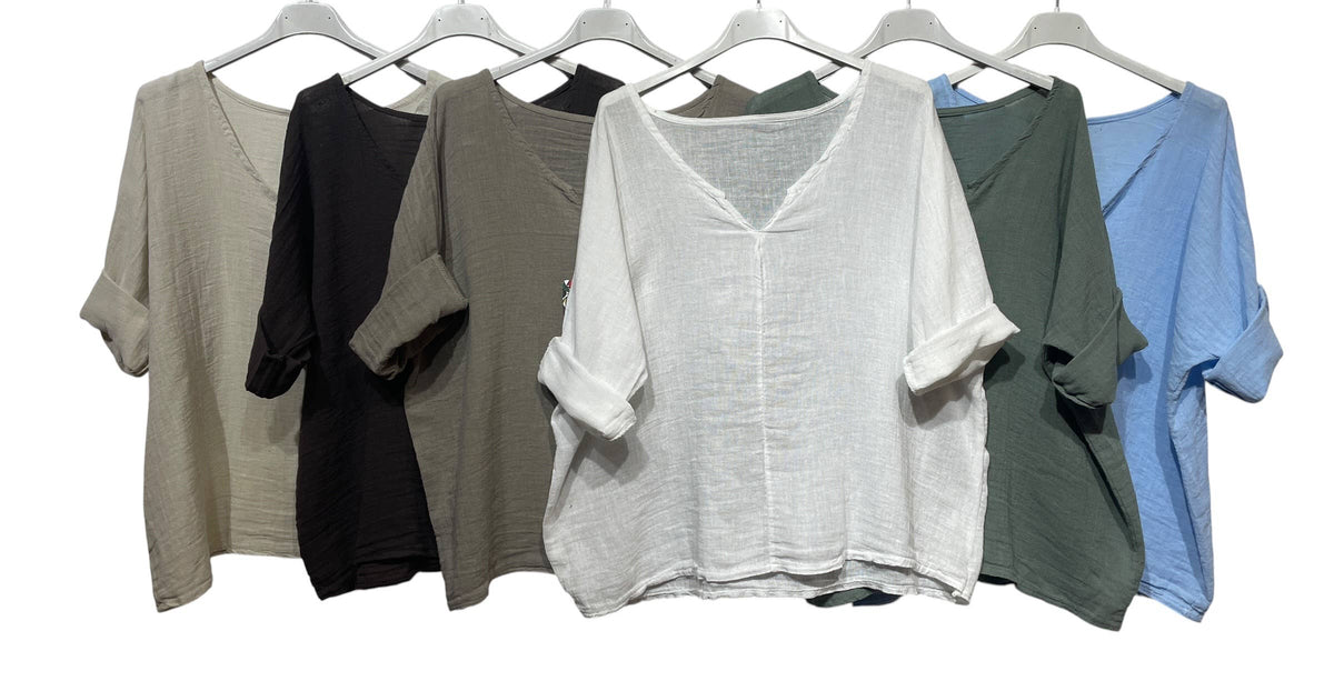 6551 CROP IN COTTON-LINEN V-NECK: BEIGE