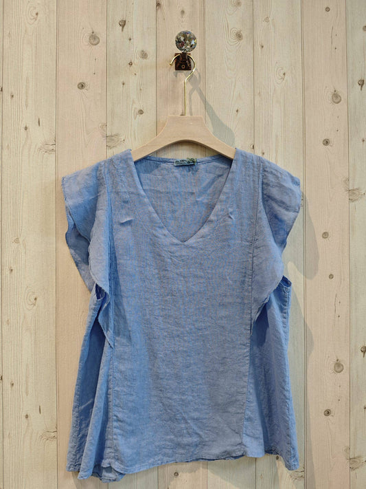 REF 17874 RUFFLE SLEEVE T-SHIRT 100% LINEN: Blue