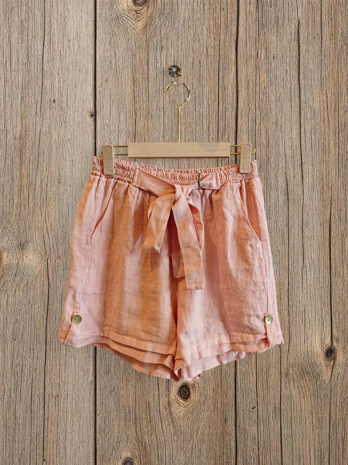 Ref-6385 SHORTS WITH BOW 100% LINEN: Pistachio