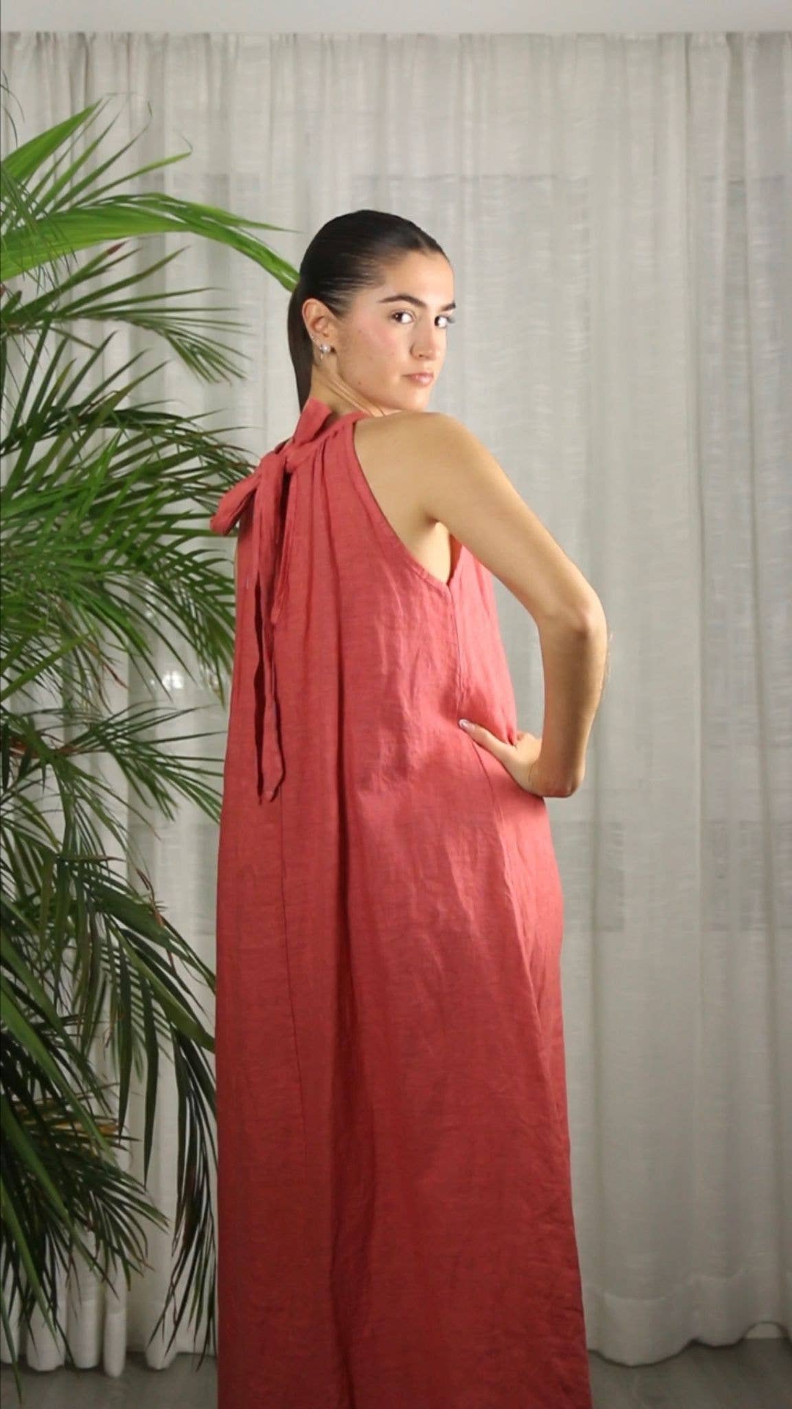 Ref-72330 DRESS WITH BACK BOW 100% LINEN: Caqui