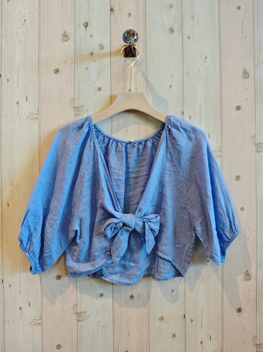 REF 17339 100% LINEN SHORT TIE BLOUSE: BLUE
