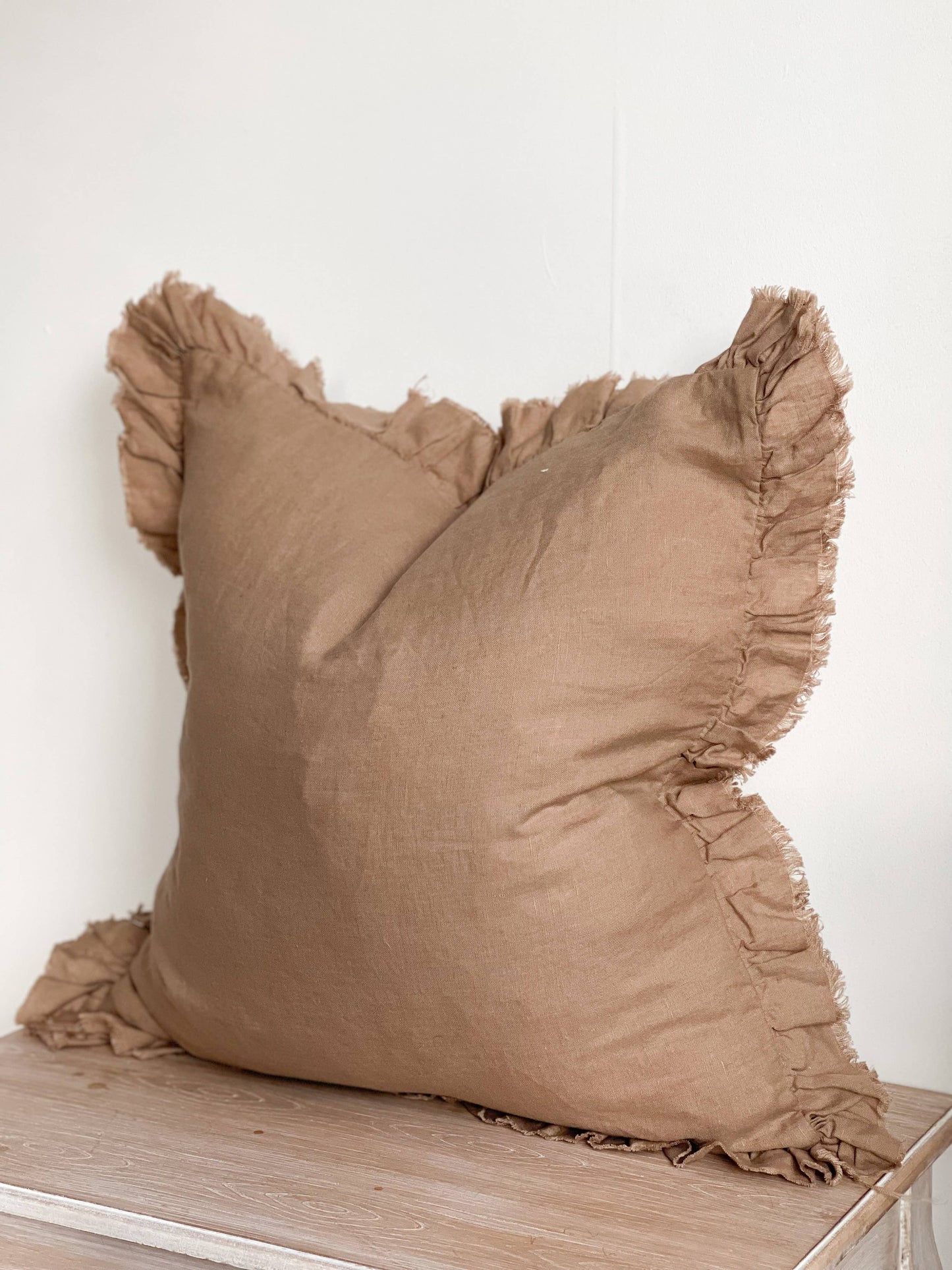 Hallie Ruffled Linen Cushion Cover – Coffee Brown: 45 x 45 cm