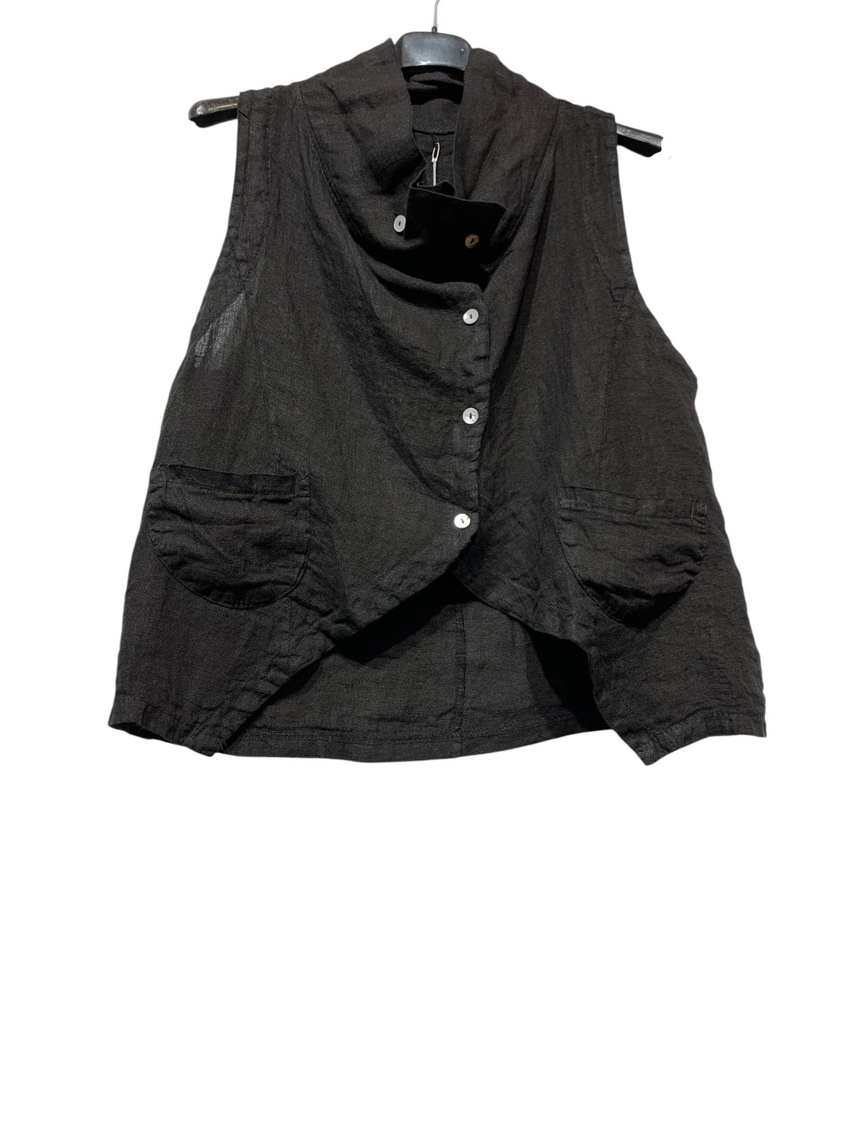 8718 Asymmetrical buttoned linen vest with pockets and collar: GRIS FONCE