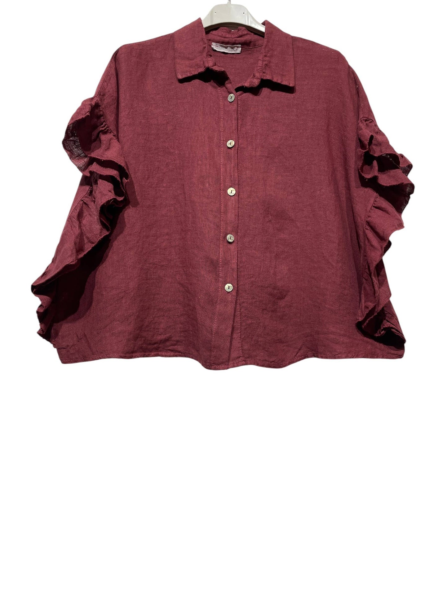 11402B  LINEN SHIRT WITH SIDE RUFFLES: Bordeaux