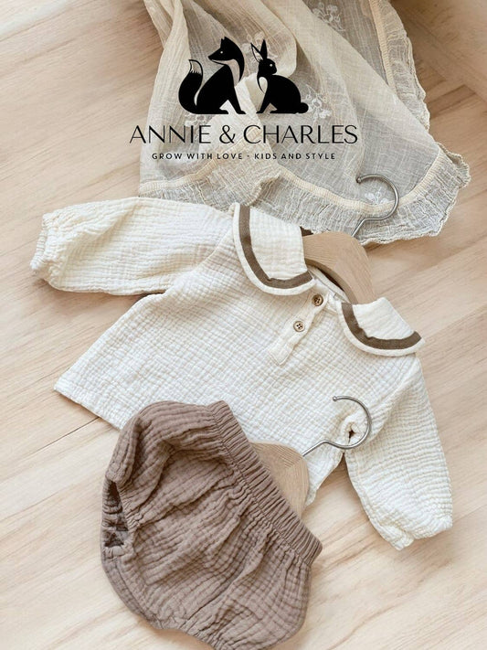 Annie & Charles® muslin set with organic cotton collar: Brown / 6-12 M