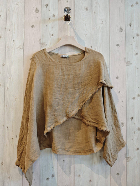 REF 83620 CROSSOVER BLOUSE 100% LINEN: CAMEL