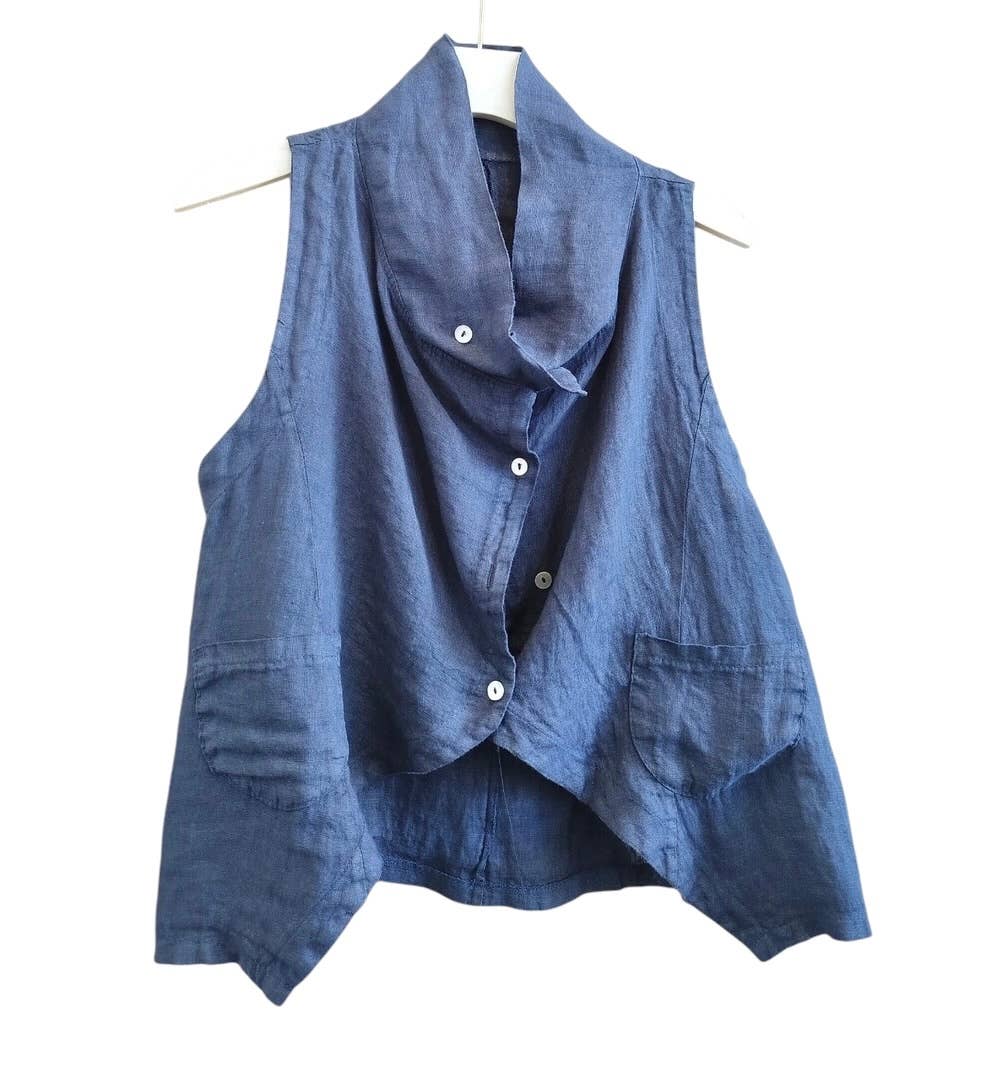 8718 Asymmetrical buttoned linen vest with pockets and collar: GRIS FONCE