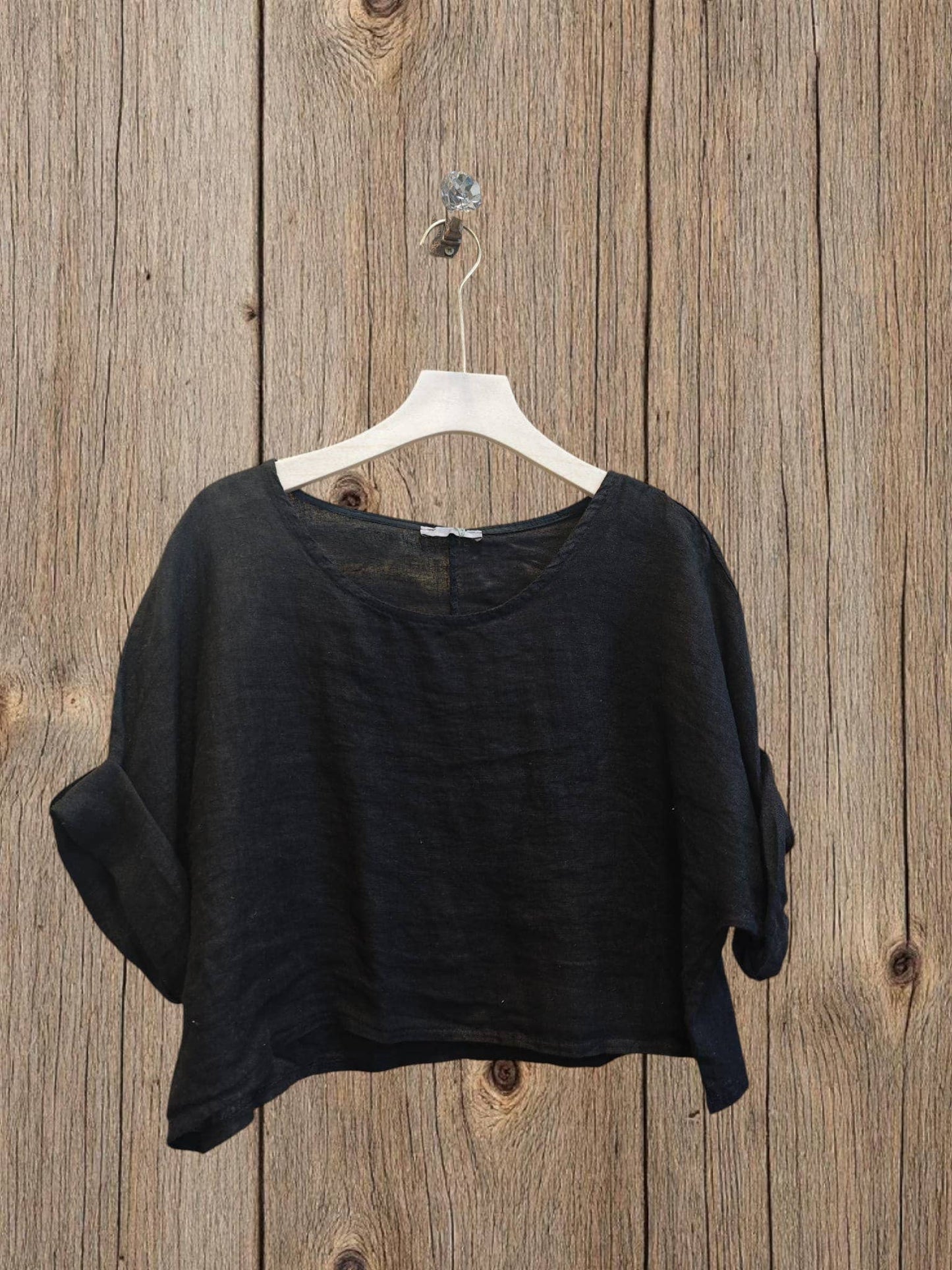 Ref-11918 SHORT LINEN BLOUSE 100%: Black