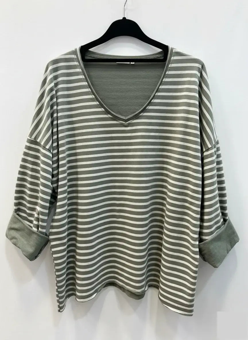 Striped V-Neck T-Shirt @9231_HVRayure: Navy