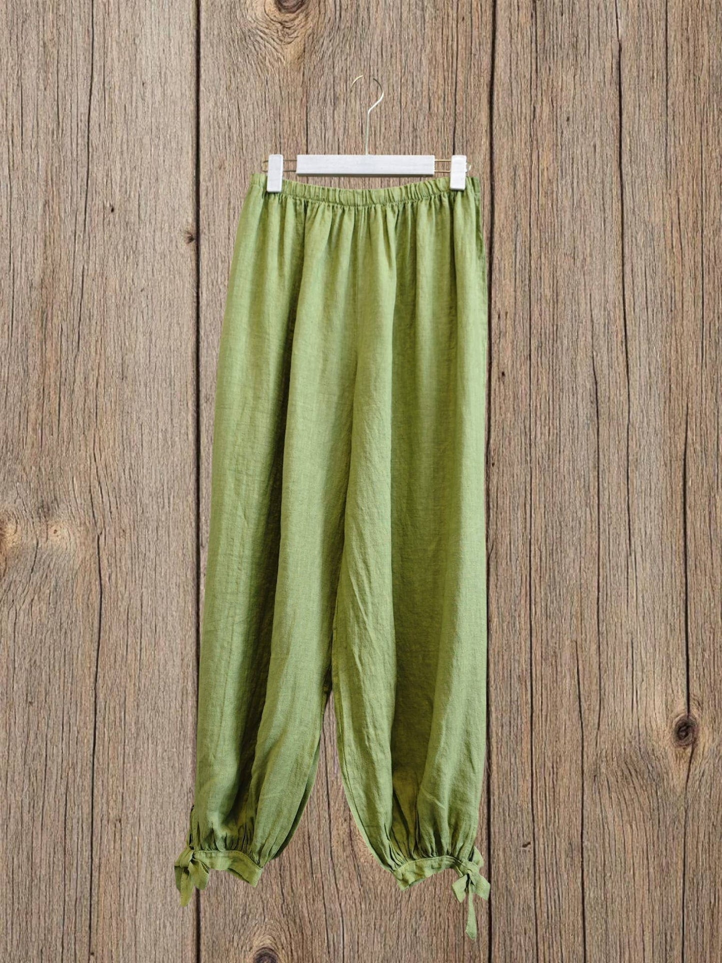 Ref-18324 Ankle-length pants with bow, 100% linen: Beige